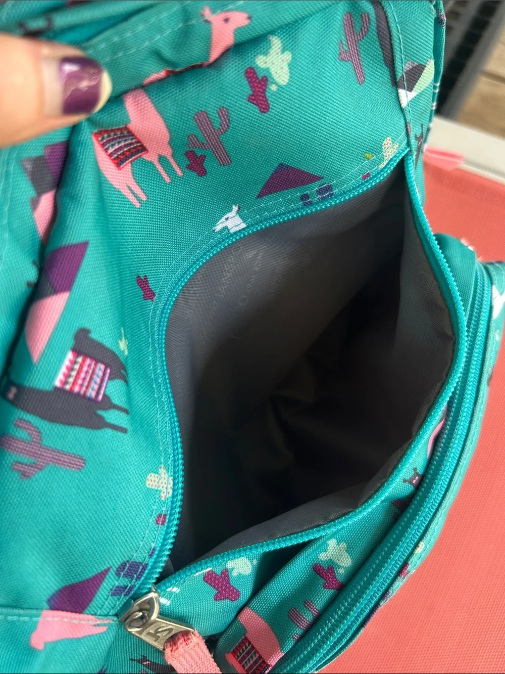 Jansport Teal Backpack with Pink & White Llama Print